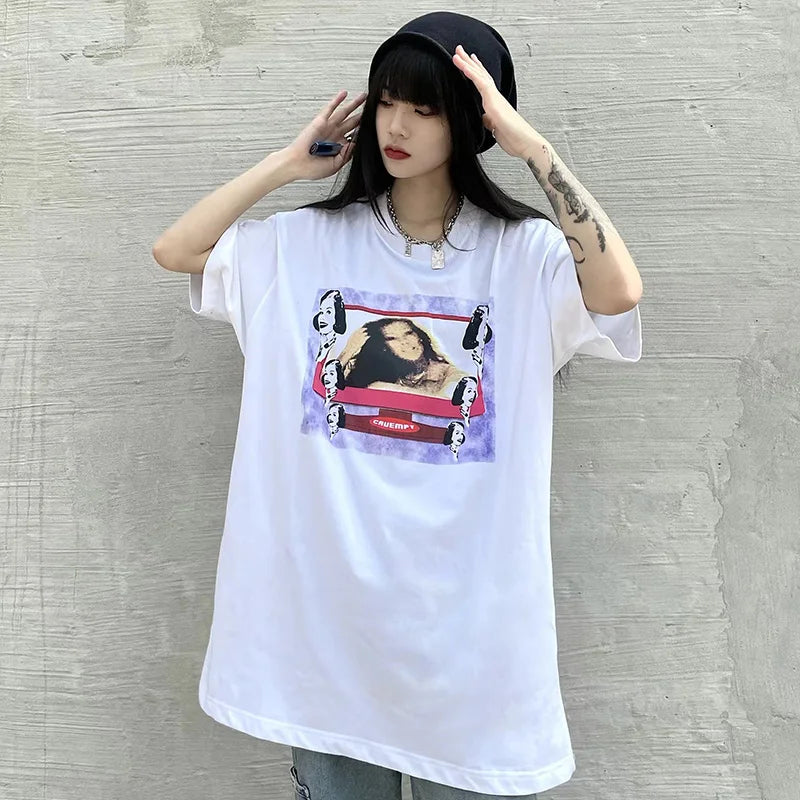 C.E T-shirts Men Woman Good Quality Cotton Casual Loose Vintage Abstract Face Printing Summer O-Neck CAVEMPT Top Tee Street King Limited