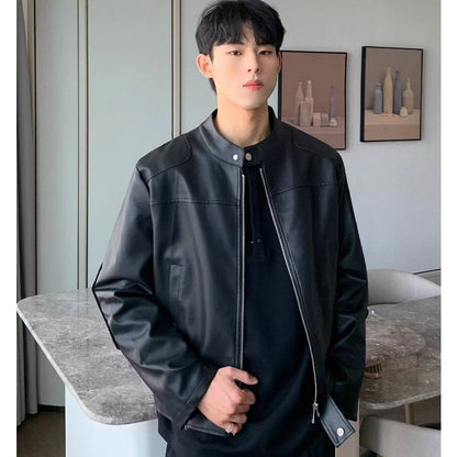 retro american street leather jacket mens autumn 2024 motorcycle standing collar trendy short coat zipper loose bomber outwear techwear shorts