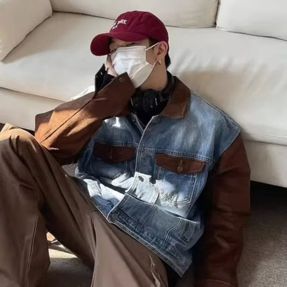 mens patchwork denim jacket spring trend korean retro college lapel color blocked couple coats 2024 high street cowboy cardigan denim street jeans