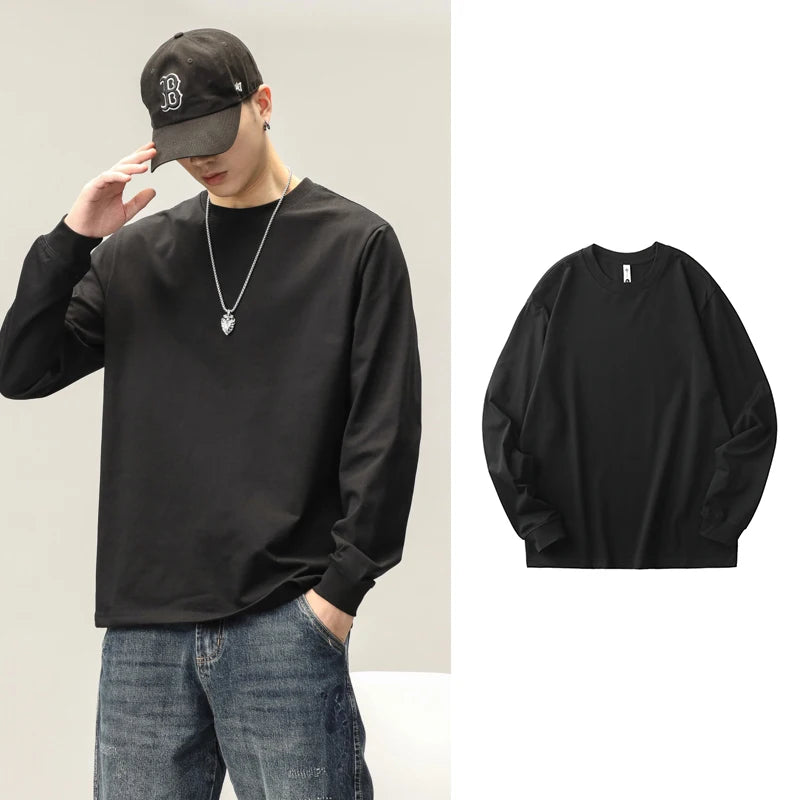 Cotton Long-Sleeved T-Shirt Men's Spring And Autumn Basic Solid Color Inner Loose Sweatshirt Men's White Bottoming Shirt Street King Limited