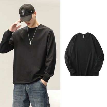 Cotton Long-Sleeved T-Shirt Men's Spring And Autumn Basic Solid Color Inner Loose Sweatshirt Men's White Bottoming Shirt Street King Limited