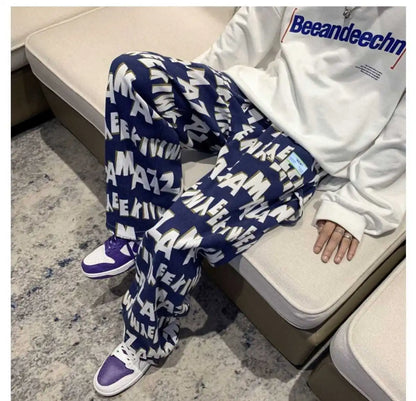 Letter wide-leg pants for men and women in autumn and winter plus velvet high-waisted loose long and short straight pants tops Street King Limited
