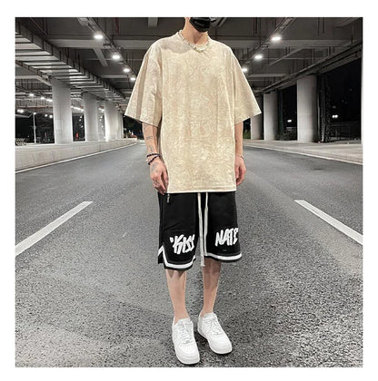 Merican Hip-hop Summer Thin Section Suede Cashew Flower Print Tshirts Tops Men and Women Loose Short-sleeved T-shirts Oversized Street King Limited