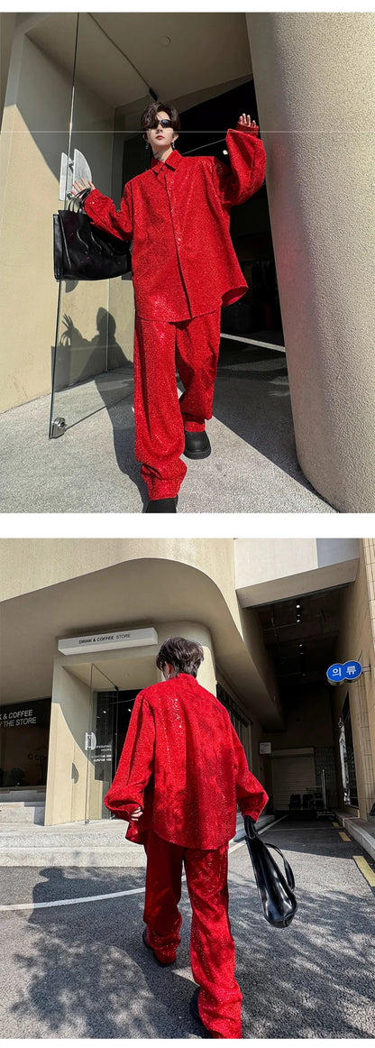 mens sequin 2 piece sets loose casual long sleeve shirt pant stage fashion party show clothing dress shirts trousers costumes unique default style 2772