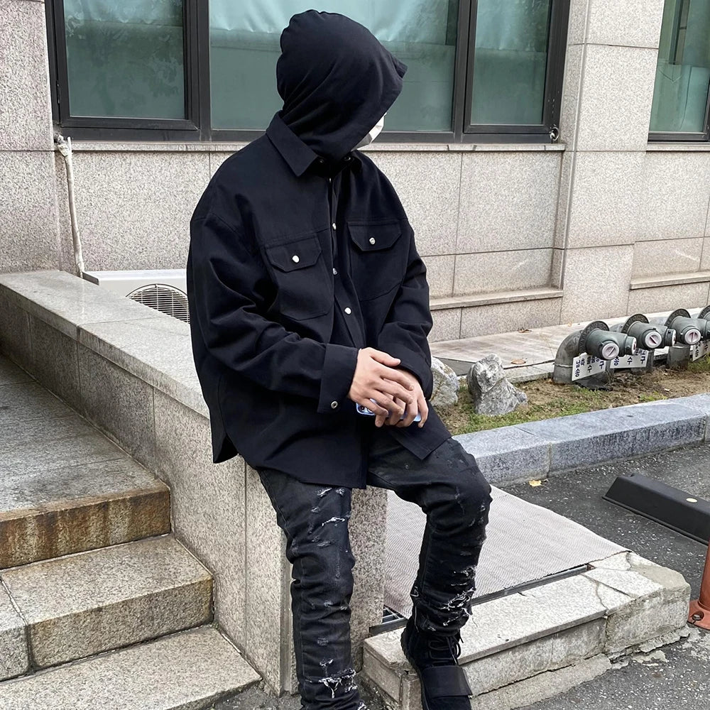 Back Zipper Vibe Style Black Long Sleeve Shirts Jackets for Men Streetwear Y2k Baggy Ropa Hombre Camisas Oversized Loose Coat Street King Limited