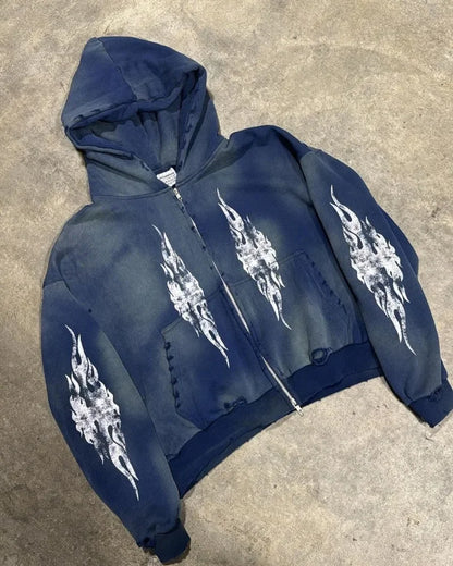 European and American Gothic Fashion Flame Print Zipper Sweatshirt Women Y2k Casual Loose Personality Versatile Oversized Hoodie Street King Limited
