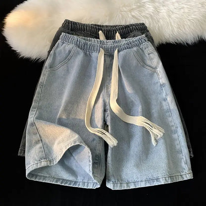 American denim shorts men's summer thin denim shorts elastic waist loose American retro high street pants men clothing y2k tops Street King Limited