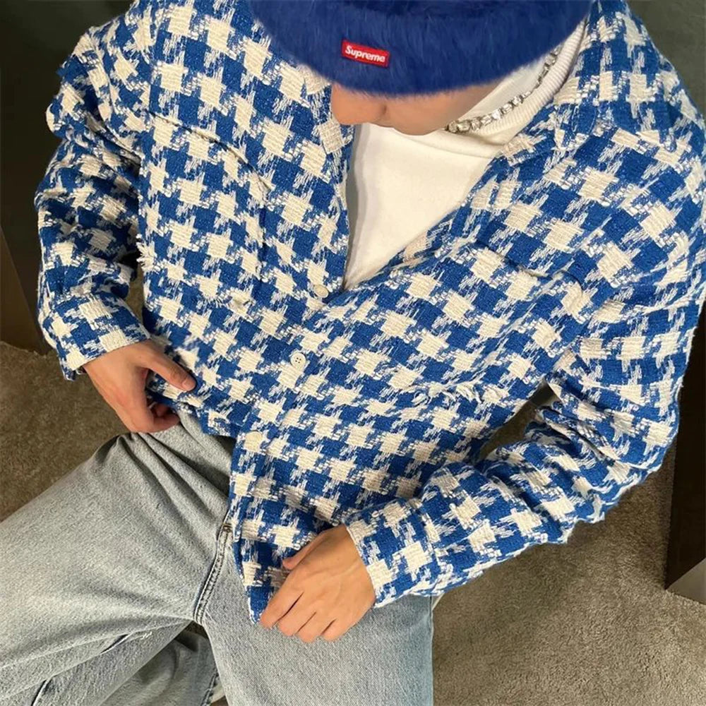 2024 Spring New Simple Versatile Fashionable Blue Houndstooth Woolen Shirt Style Genderless Casual Unisex Long-Sleeved Shirt Street King Limited