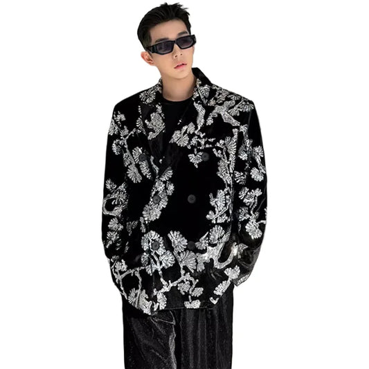 men sequin embroidery velvet loose casual 2 pieces suits blazers jacket pant sets stage party dress suits performance costumes urban fashion pants