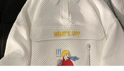 Korean waffle short-sleeved polo shirt with cartoon pattern summer jacquard collar t-shirt for men ins Hong Kong style loose top Street King Limited