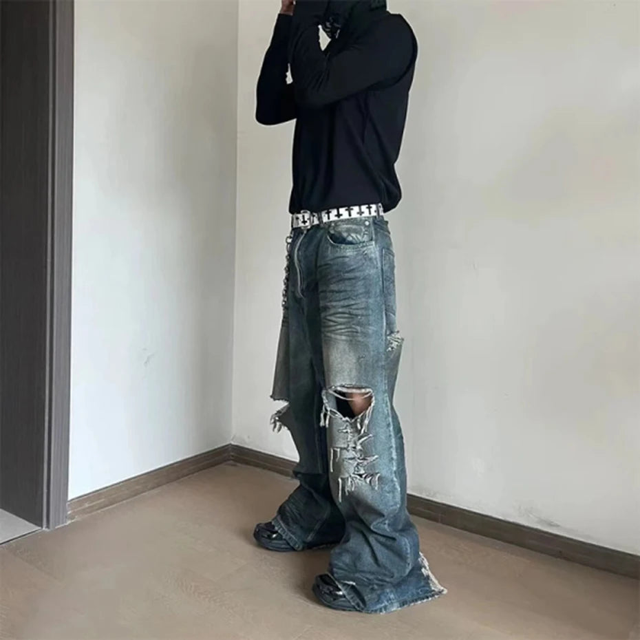 mens baggy jeans blue distressed ripped loose denim pants streetwear oversized hip hop jeans trousers unique jeans style 729