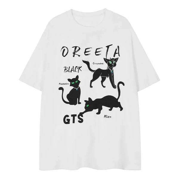 Men Short Sleeve T Shirt Cartoon Cat Printed Tshirt American Retro High Street Loose Couple Tees Summer Oversize Cotton Tops Street King Limited