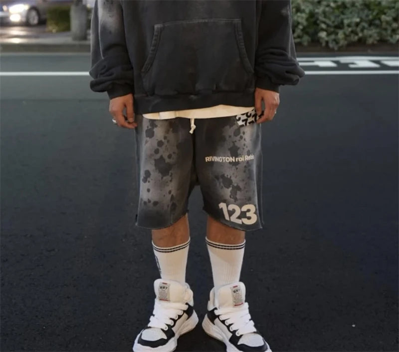 RRR123 2024 New Sports Shorts Heavyweight Washed Graffiti Print Vintage Drawstring Capris Casual High Street Loose Curled Y2K Street King Limited