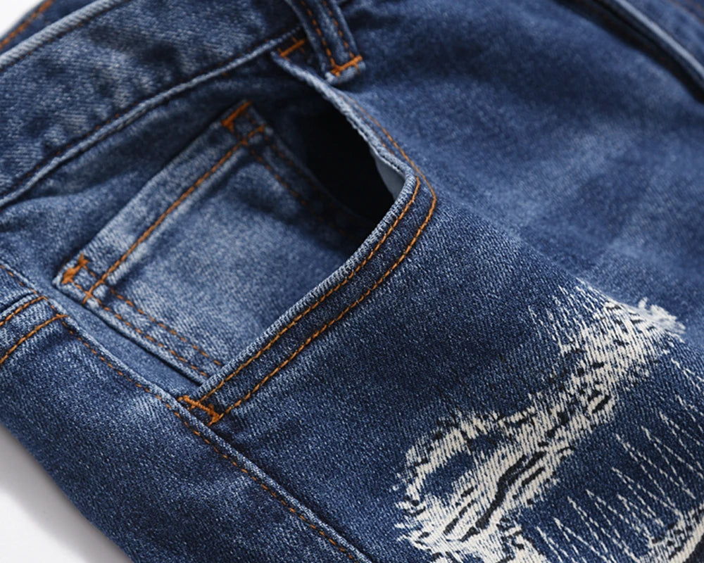 harajuku cut hole ripped patchwork blue jeans for men straight retro streetwear casual denim pants oversized loose trousers unique jeans style 1098