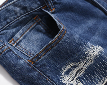 harajuku cut hole ripped patchwork blue jeans for men straight retro streetwear casual denim pants oversized loose trousers unique jeans style 1098