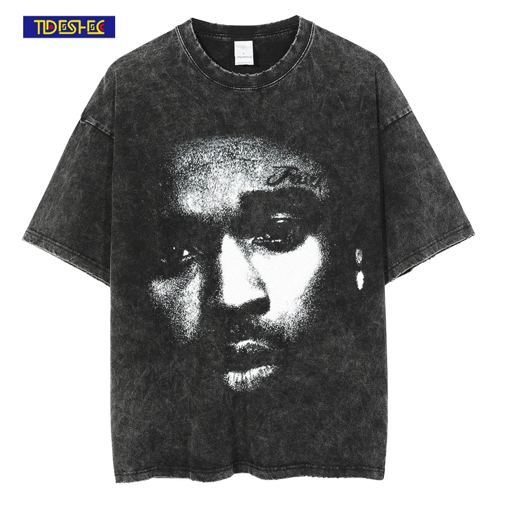 Men Hip Hop T Shirt Streetwear Rap Star Portrait Printed T Shirt 2022 Harajuku Washed Short Sleeve Distressed Oversized T Shirt Street King Limited