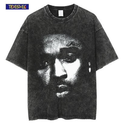 Men Hip Hop T Shirt Streetwear Rap Star Portrait Printed T Shirt 2022 Harajuku Washed Short Sleeve Distressed Oversized T Shirt Street King Limited
