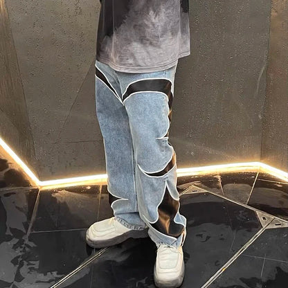 letter embroidery pu leaher patchwork baggy y2k jeans mens streetwear straight oversized denim trousers unisex cargo pants unique cargo style 97