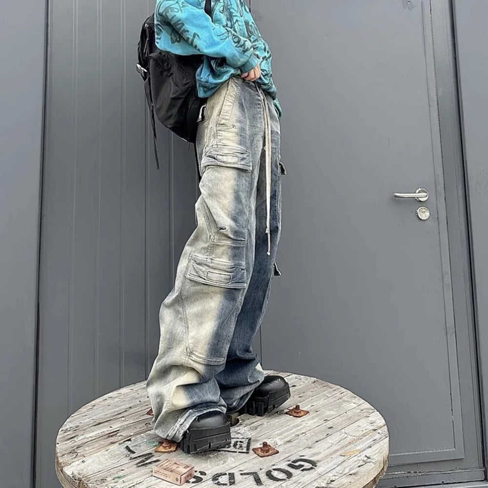 RO Style Gradient Ribbons Multi-pockets Drawstring Jeans for Men Harajuku Streetwear Baggy Y2K Denim Trousers Oversized Cargos Street King Limited