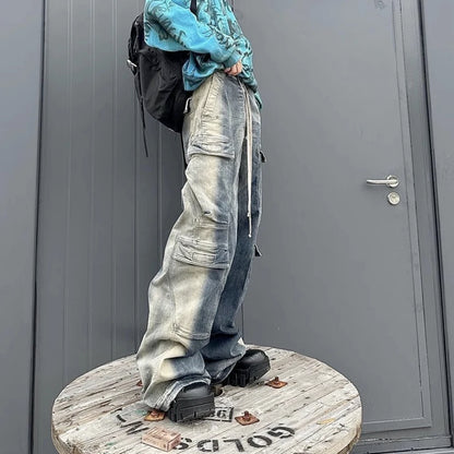 RO Style Gradient Ribbons Multi-pockets Drawstring Jeans for Men Harajuku Streetwear Baggy Y2K Denim Trousers Oversized Cargos Street King Limited