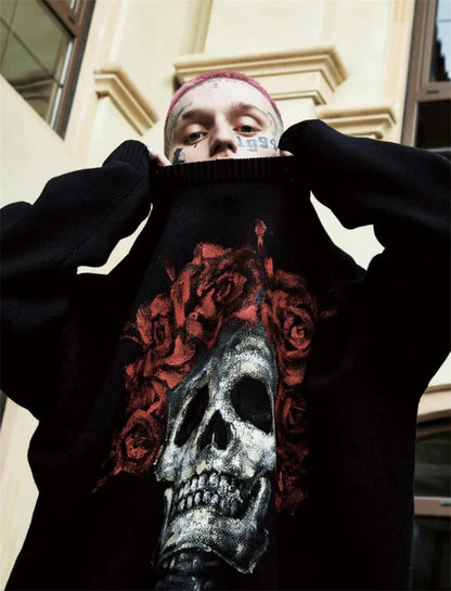 Vintage New Arrival SSSAINT LOUIS Rose Skull Hand-painted High-Street Cotton Casual Pullover Round Neck Sweater Street King Limited