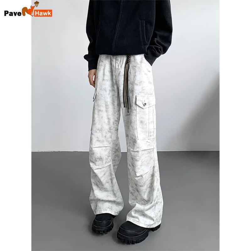 American Tie Dye Cargo Pants Mens Autumn Vintage High Street Straight Leg Trousers Casual Multi Pocket Loose Overalls Male Street King Limited