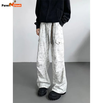 American Tie Dye Cargo Pants Mens Autumn Vintage High Street Straight Leg Trousers Casual Multi Pocket Loose Overalls Male Street King Limited