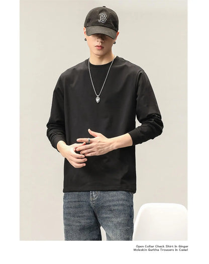 Cotton Long-Sleeved T-Shirt Men's Spring And Autumn Basic Solid Color Inner Loose Sweatshirt Men's White Bottoming Shirt Street King Limited