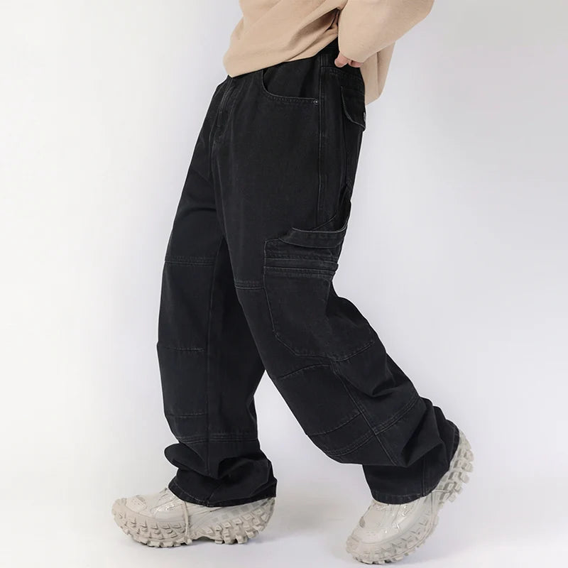men american streetwear fashion loose casual hip hop wide leg black denim baggy jeans pants man y2k cargo jeans trousers utility cargo pants