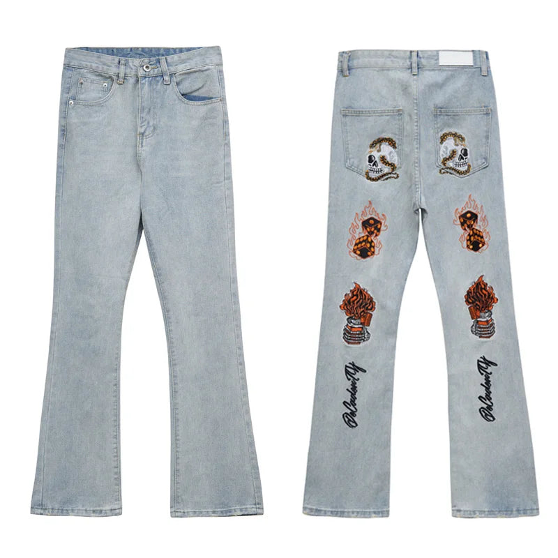 fashion back skull letters embroidery denim flare jeans mens zipper straight trouser hip hop streetwear pants joggers jeans men unique joggers style 5106