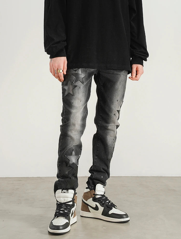star appliques denim jeans skinny trousers slim fit men new casual biker jeans fashion streetwear hip hop trousers pants joggers unique joggers style 2547