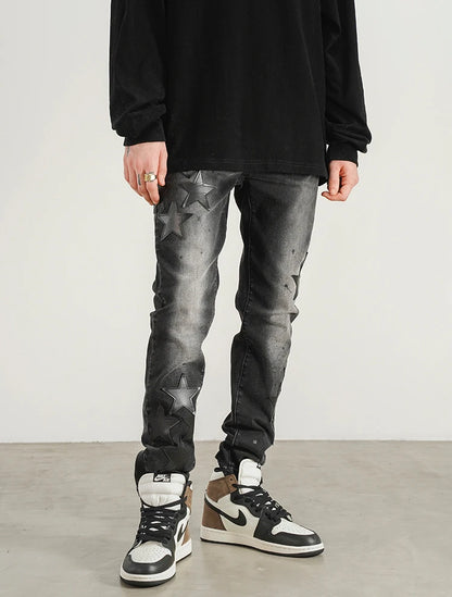 star appliques denim jeans skinny trousers slim fit men new casual biker jeans fashion streetwear hip hop trousers pants joggers unique joggers style 2547