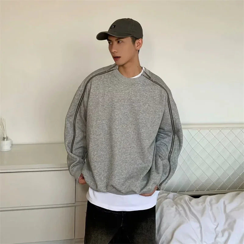 New Retro Zipper Design O-neck Sweatshirts For Men Autumn Y2K Streetwear Gray Pullover Hoodies Loose Hip Hop Fashion Sweat-shirt Street King Limited