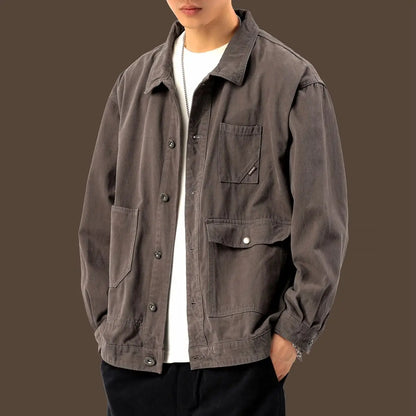 american retro workwear jacket for boys loose spring and autumn high street japanese style khaki casual trendy denim jacket tops urban skinny jeans