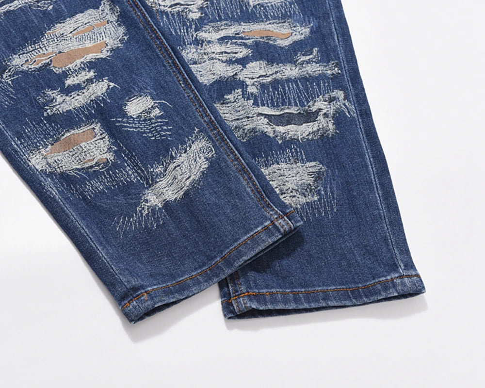 harajuku cut hole ripped patchwork blue jeans for men straight retro streetwear casual denim pants oversized loose trousers unique jeans style 1093