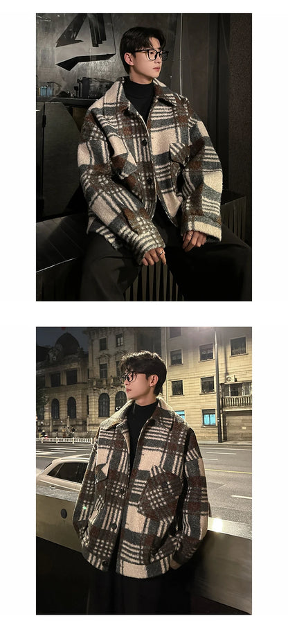 autumn winter campus boy plaid woolen coat men streetwear fashion loose casual retro thick jacket man bomber coat outerwear unique default style 951