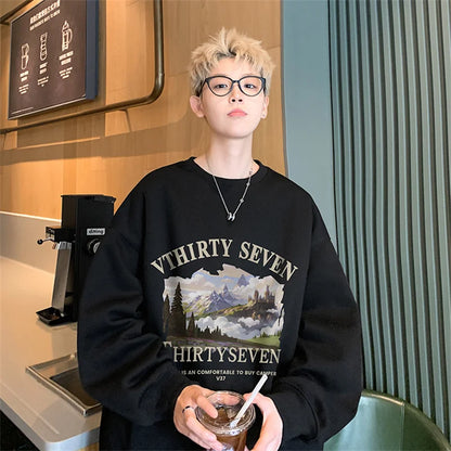 Autumn Oil Painting Landscape Print Cotton Sweatshirt Men Loose Casual Crewneck Pullover Hoodies Korean Fashion Y2K Clothing Street King Limited