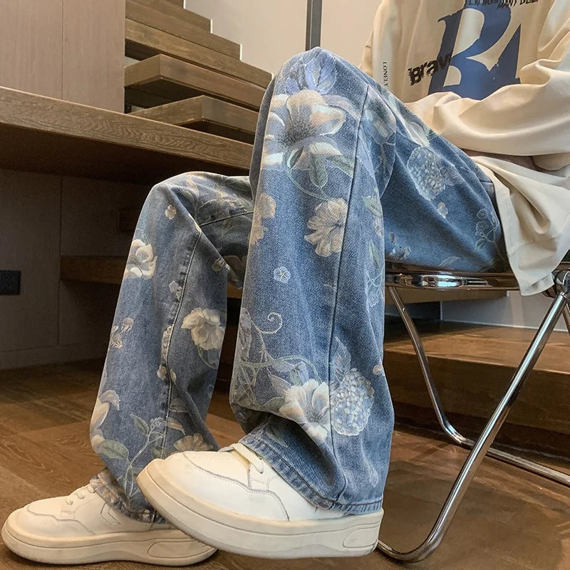 american high street floral printed jeans for men 2024 new y2k vintage denim trousers hip hop fashion wide leg baggy jean pants denim street jeans