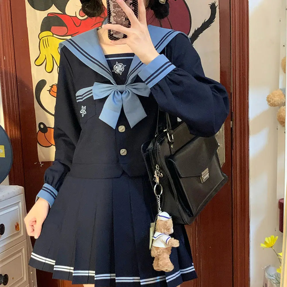 Student Union JK Uniform Sailor Suit Blue Skirt Long Sleeve Navy Collar Bow Tie Two Colors Two-piece Set Vitality Kawaii Street King Limited