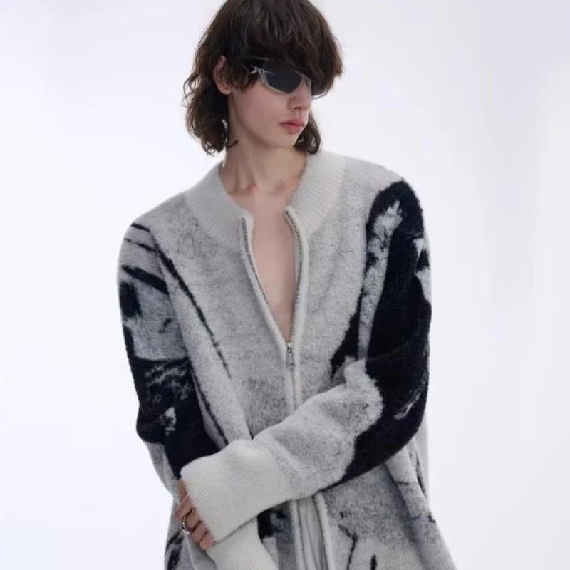 Color Blocked Gradient Cardigan Mens Imitation Mink Fur Jacquard Trend Couple Knitted Jacket Zipper High Street Sweater Coats Street King Limited