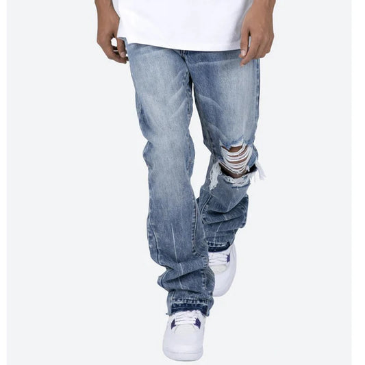 Contrast Color Hole Washed Blue Jeans for Men Streetwear Loose Ripped Flare Pants Frayed Retro Casual Oversized Denim Trousers Street King Limited