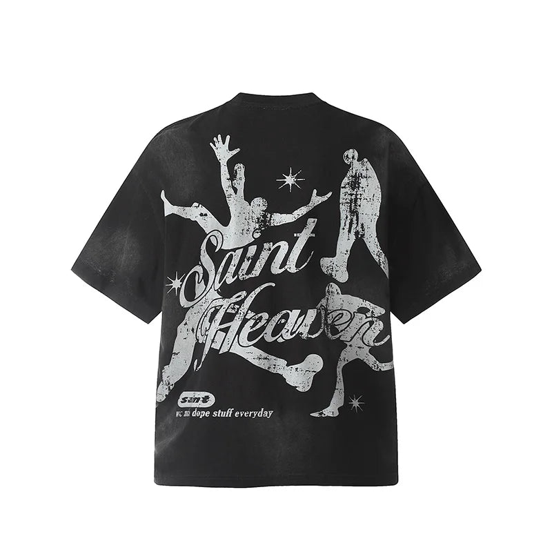 Black White Blue SAINT T-shirt Men Woman Good Quality Vintage Cartoon Pattern Printing Loose Casual Top Tees Street King Limited