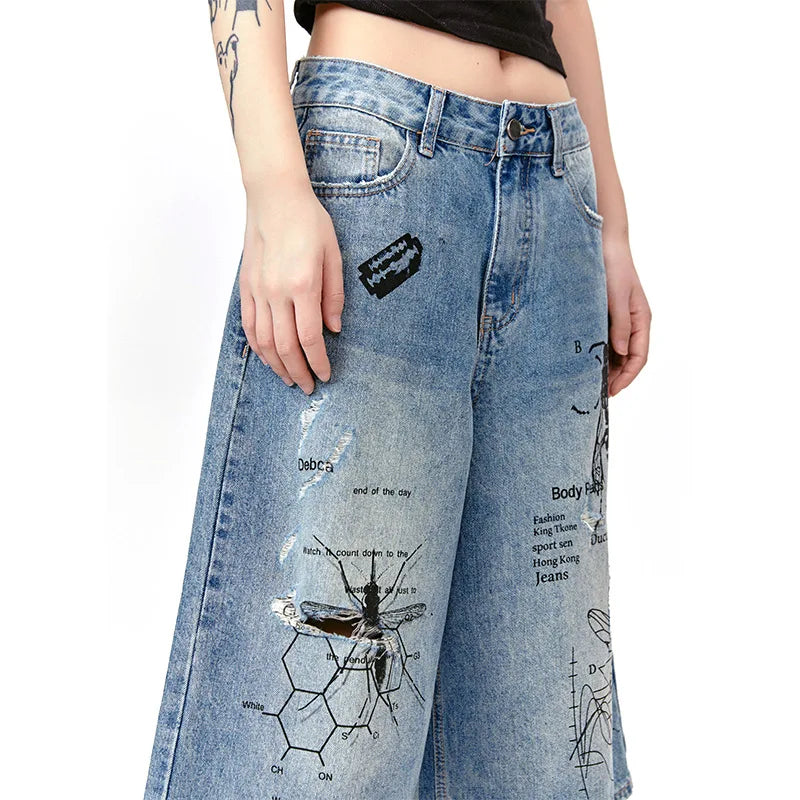 Men's Ripped Denim Shorts 2024 Summer Fashion Graffiti Insect Patterned Jeans Shorts Harajuku Streetwear Short Pants Y2K Street King Limited