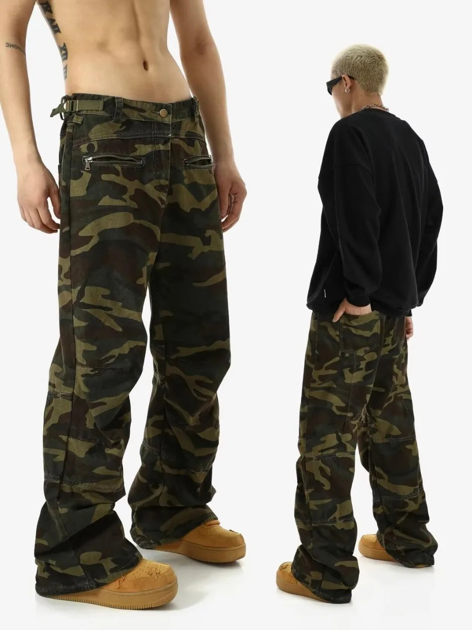 2024 High Street Mens Camouflage Straight Leg Jeans American Trend Tooling Denim Pants Zipper Multiple Pockets Cowboy Trousers Street King Limited