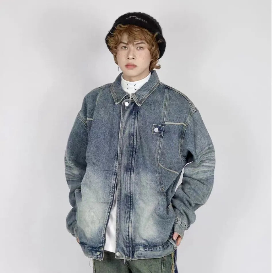 high street washed denim jacket mens 2024 spring trend oversize hip hop male coats color blocking motorcycle street outwear y2k unique jeans style 3623