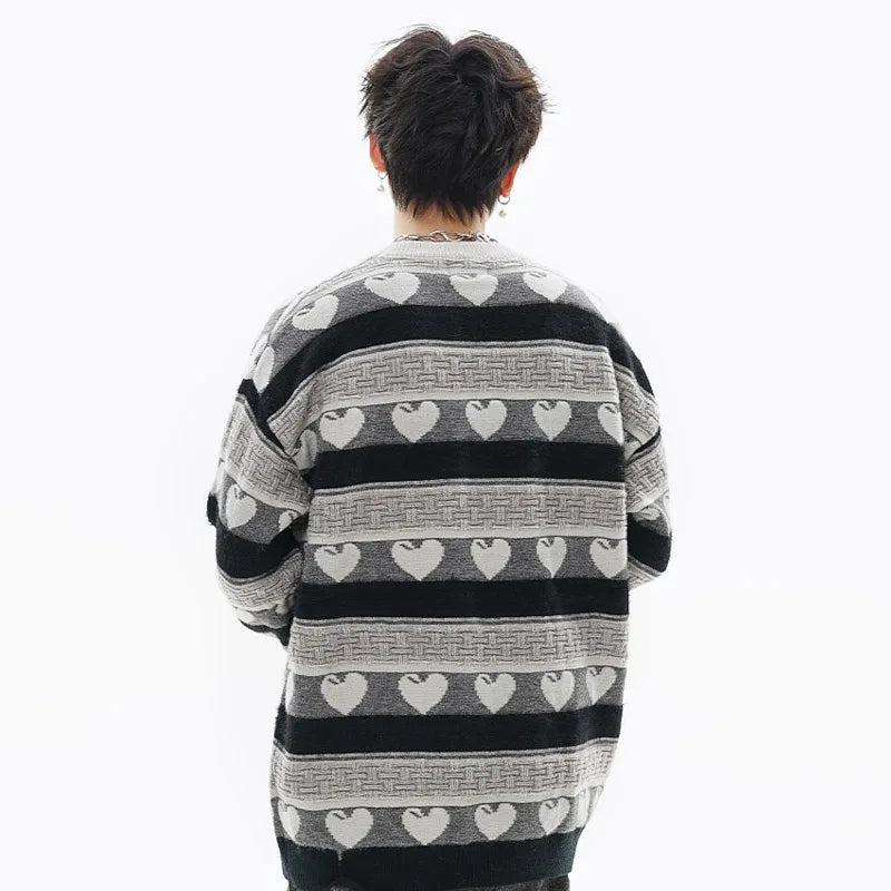 Men's Heart Jacquard Knitted Sweater Vintage Casual Striped Pullover High Street Harajuku Streetwear Oversized Loose Jumpers Street King Limited