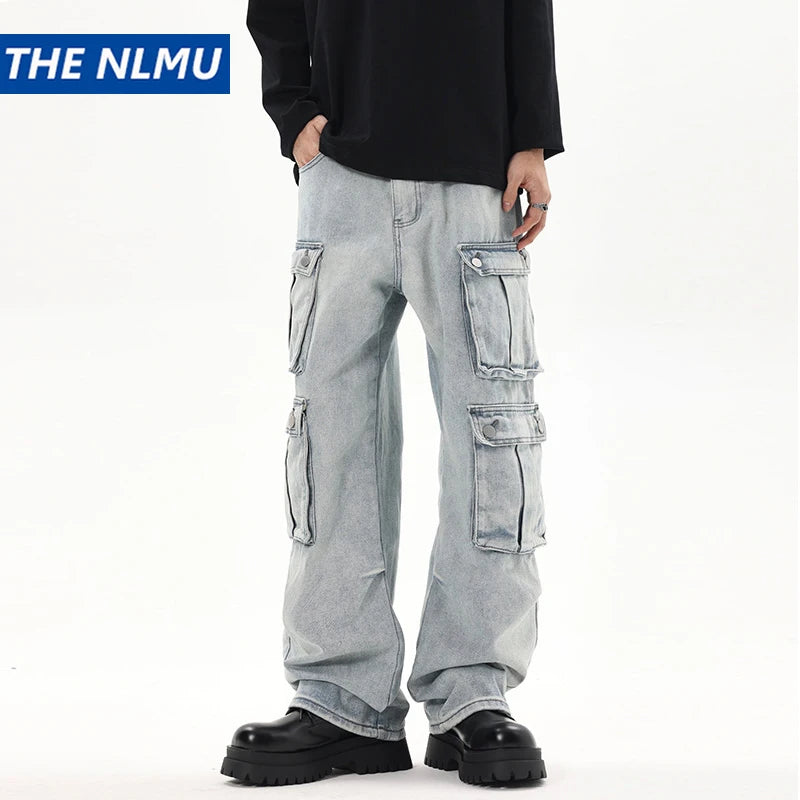 2024 multi pocket jeans vintage mens harajuku cargo denim pants retro hip hop straight loose jean pants utility cargo pants