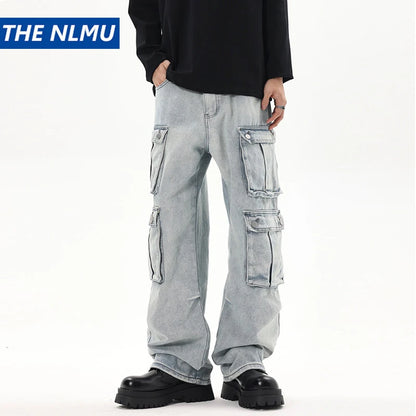 2024 multi pocket jeans vintage mens harajuku cargo denim pants retro hip hop straight loose jean pants utility cargo pants