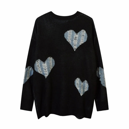 2023 Vintage Sweater Ripped Distressed Heart Graphic Knitted Jumpers Men Streetwear Harajuku Oversized Sweaters Y2K Pullover Street King Limited