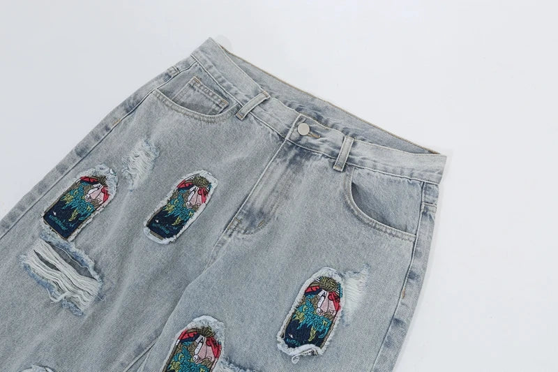retro patch embroidered pleated jean for men street wear washed destroyed straight patchwork ripped jeans pants baggy hip hop unique jeans style 87